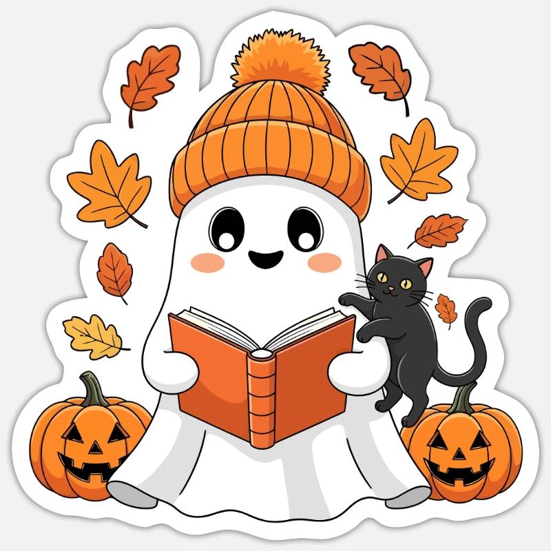 Herbstgeist Leseabend mit Katze - Sticker taille S (10 x 10 cm) - blanc mat