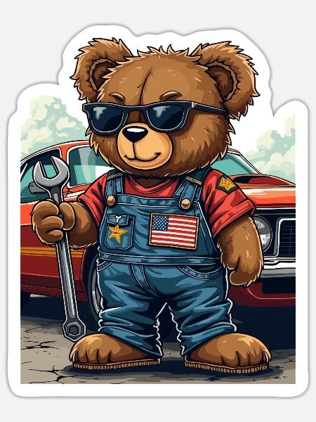 Bärenmechaniker im Musclecar - Sticker Größe S (10 x 10 cm) - Mattweiß