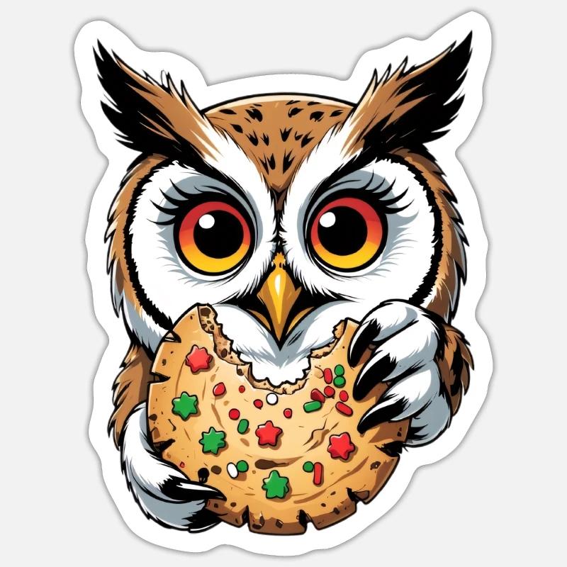 Eule mit grossem Keks Illustration - Sticker Größe S (10 x 10 cm) - Mattweiß