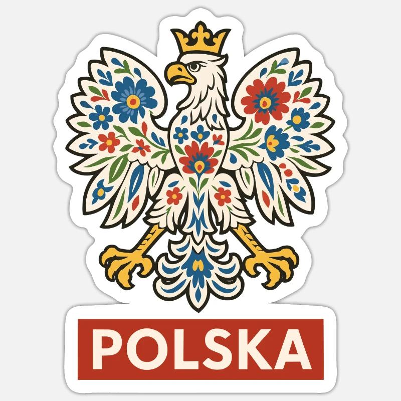 Polish White Eagle with Folk Floral Pattern - Sticker size S (10 x 10 cm) - white matte