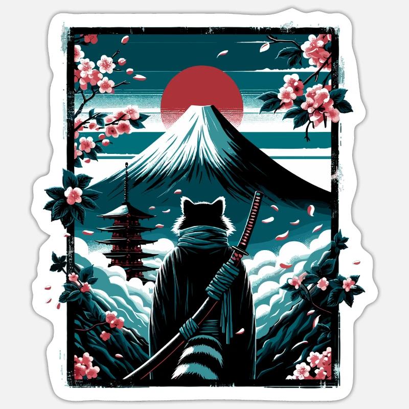 Chat avec une épée de samouraï devant Fuji Sticker taille S (10 x 10 cm)