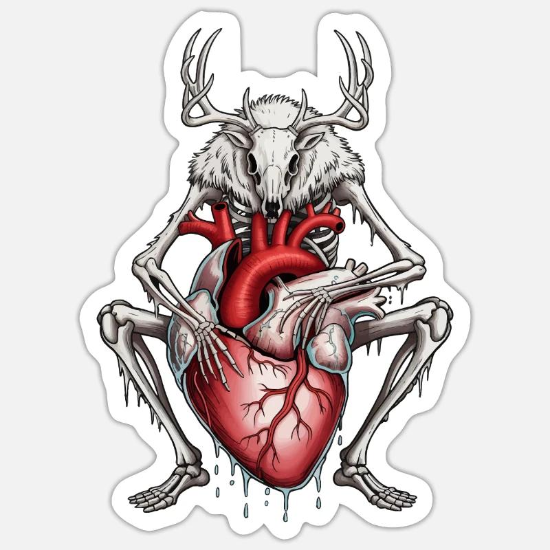 Anatomischer Hirsch mit blutendem Herz - Sticker Größe S (10 x 10 cm) - Mattweiß