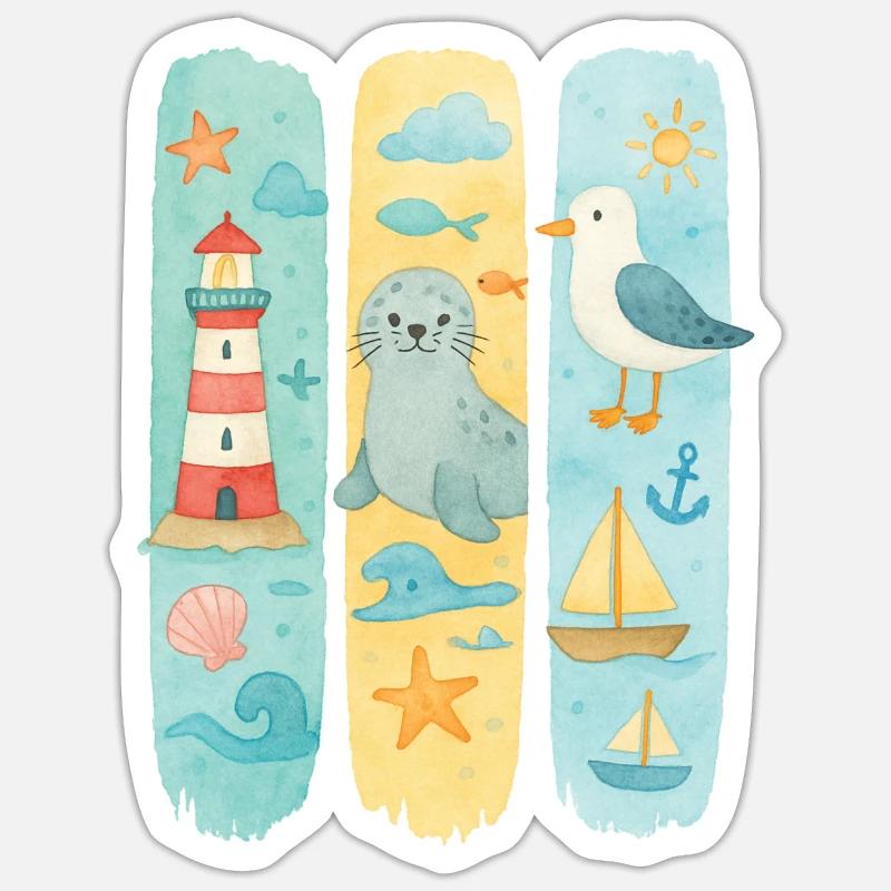 Maritim Leuchtturm Robbe Möwe Küste - Sticker Größe S (10 x 10 cm) - Mattweiß