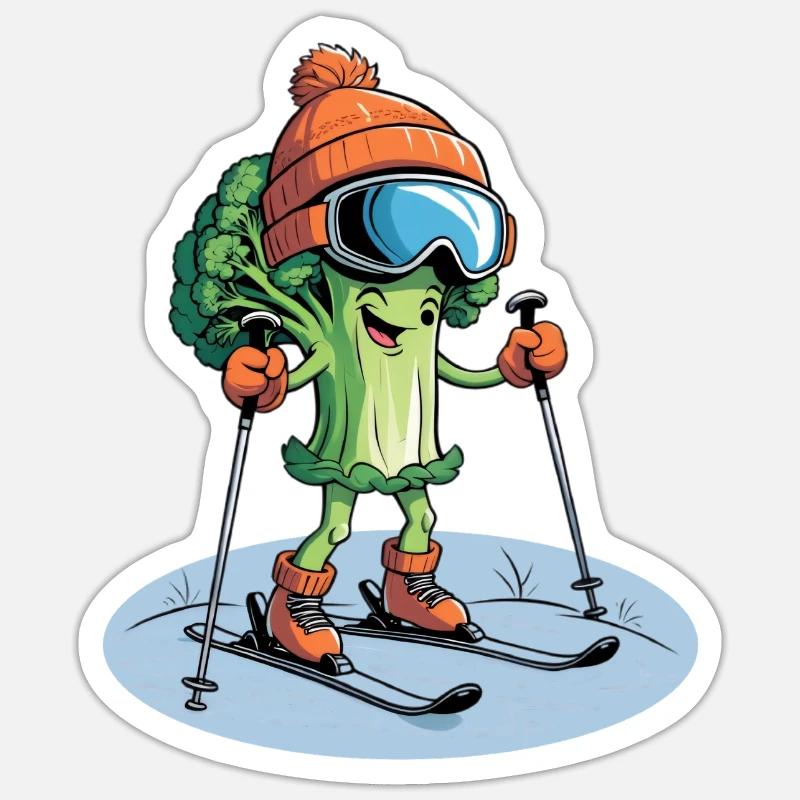 Broccoli skier with cap - Sticker size S (10 x 10 cm) - white matte