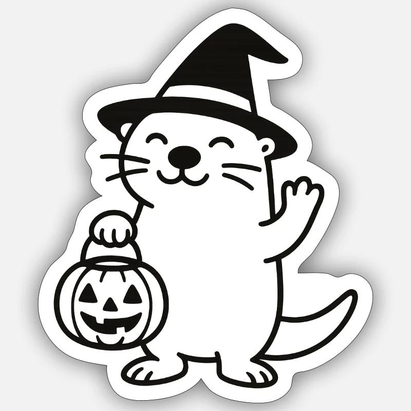 Otter with Halloween Magic Hat - Sticker size S (10 x 10 cm) - white matte