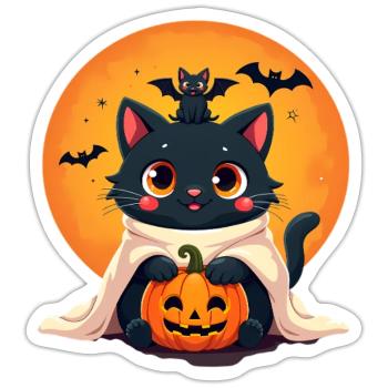 Halloween Cat with Halloween Pumpkin - Sticker size S (10 x 10 cm) - white matte - Front