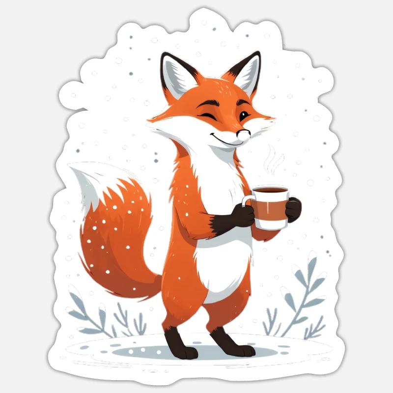 Fox with coffee in winter - Sticker size S (10 x 10 cm) - white matte