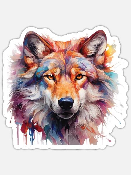 Bunter Wolf – Abstraktes Tierportrait Design - Sticker Größe S (10 x 10 cm) - Mattweiß