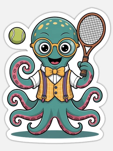 Nerdiger Tennis Oktopus Mit Brille - Sticker Größe S (10 x 10 cm) - Mattweiß