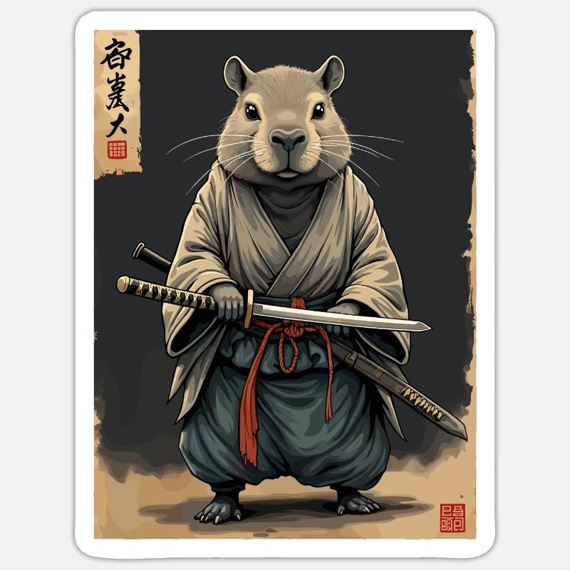 Cappibara-Samurai mit Katana - Sticker Größe S (10 x 10 cm) - Mattweiß