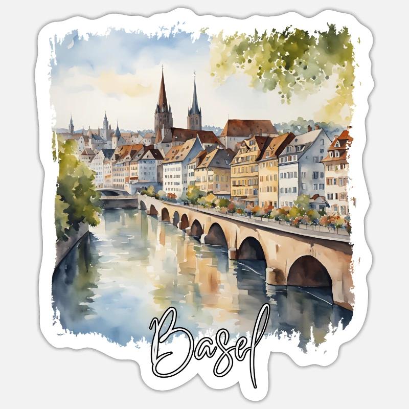 Basel Aquarell, Basel Schweiz - Sticker Größe S (10 x 10 cm) - Mattweiß
