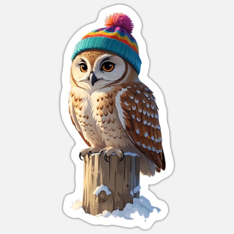 Eule mit buntem Winterhut - Sticker Größe S (10 x 10 cm) - Mattweiß