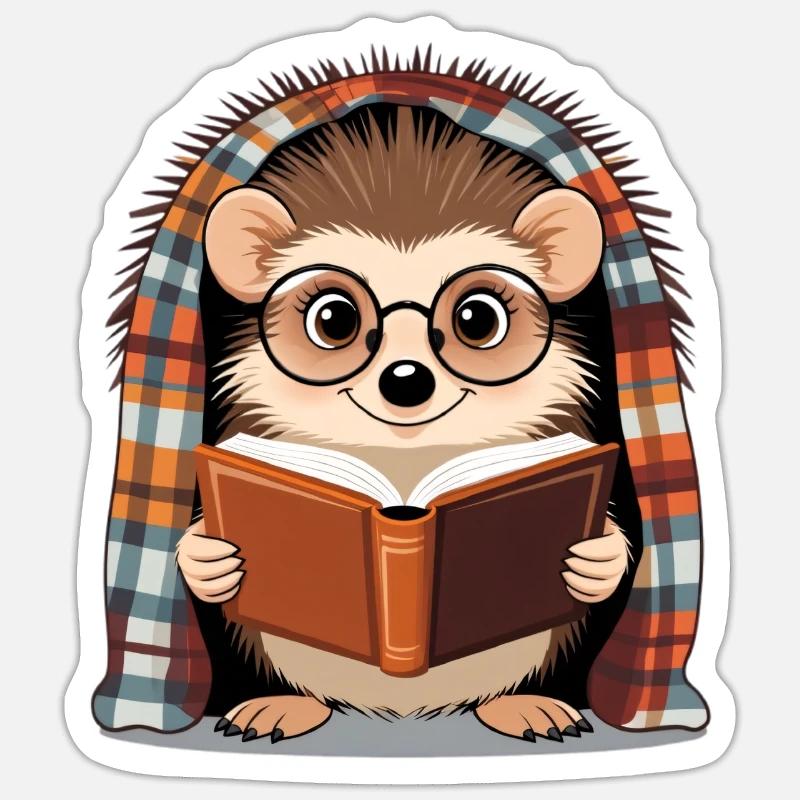 Igel liest Buch unter Plaid - Sticker Größe S (10 x 10 cm) - Mattweiß