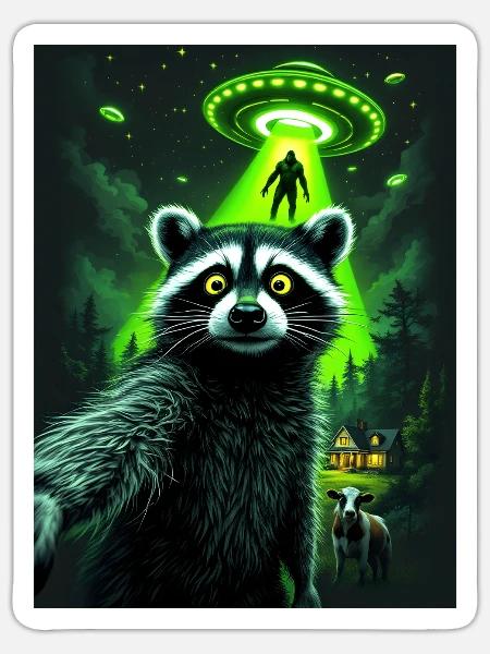 Waschbär UFO Überfall im Wald - Sticker Größe S (10 x 10 cm) - Mattweiß