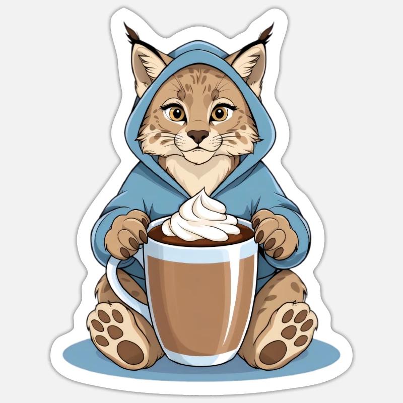 Luchs mit Heissem Getränk - Sticker Größe S (10 x 10 cm) - Mattweiß