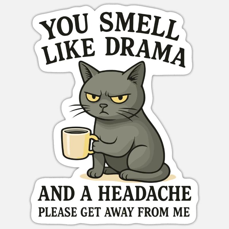 Grimmige Katze mit Kaffee Spruch - Sticker Größe S (10 x 10 cm) - Mattweiß