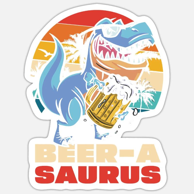BeerA Saurus Dino mit Bierkrug - Sticker Größe S (10 x 10 cm) - Mattweiß
