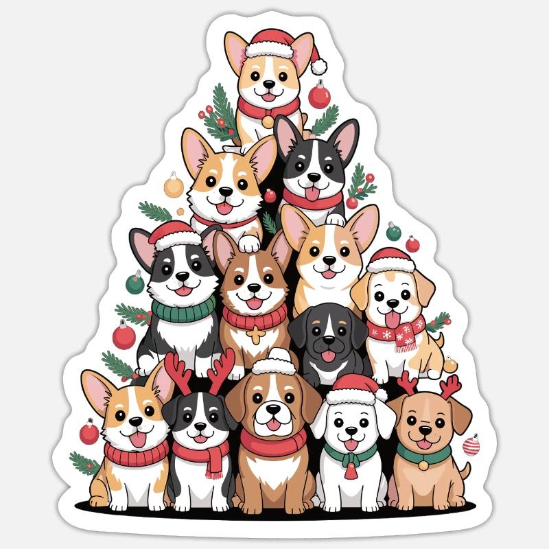 Weihnachtshunde Pyramide – Lustiger Xmas Look - Sticker Größe S (10 x 10 cm) - Mattweiß