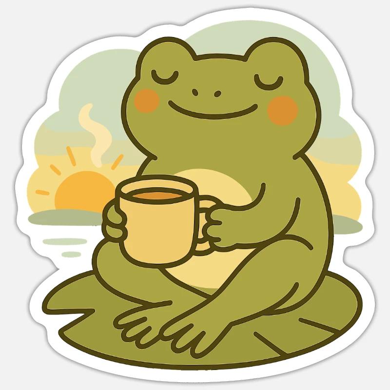 Frosch mit Kaffee – Morgenruhe Design - Sticker Größe S (10 x 10 cm) - Mattweiß