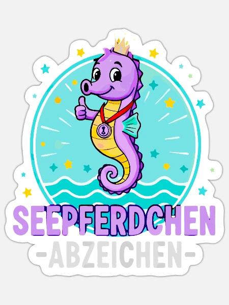 Seepferdchen Abzeichen Lila Schwimmen Kinder - Sticker Größe S (10 x 10 cm) - Mattweiß