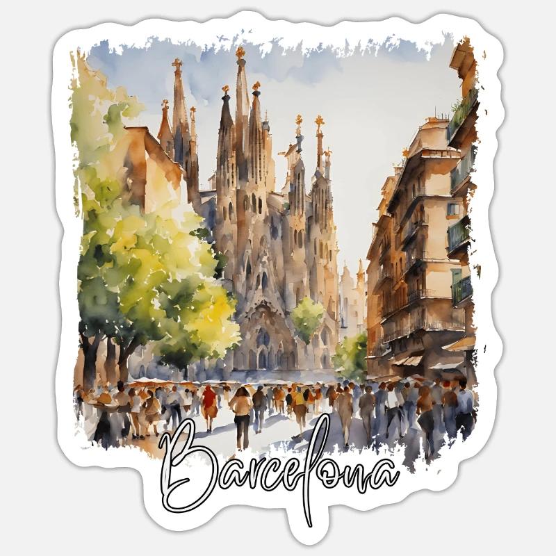 Aquarelle de Barcelone, Barcelone, Espagne - Sticker taille S (10 x 10 cm) - blanc mat