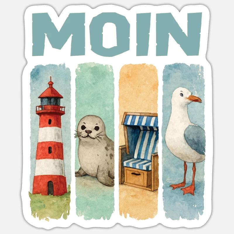 Moin Leuchtturm Robbe Strandkorb Möwe Küste - Sticker Größe S (10 x 10 cm) - Mattweiß