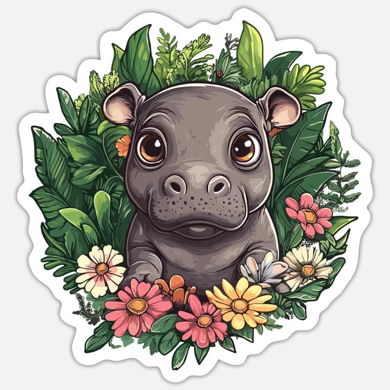 Nilpferd im Blumengarten - Sticker Größe S (10 x 10 cm) - Mattweiß