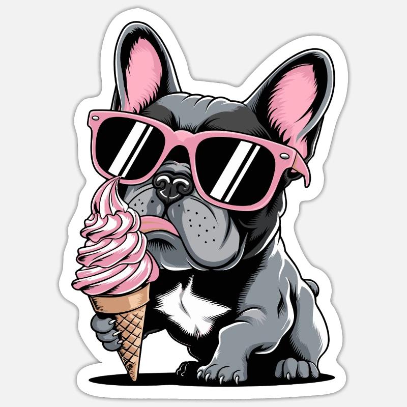 bouledogue français avec glace et - Sticker taille S (10 x 10 cm) - blanc mat