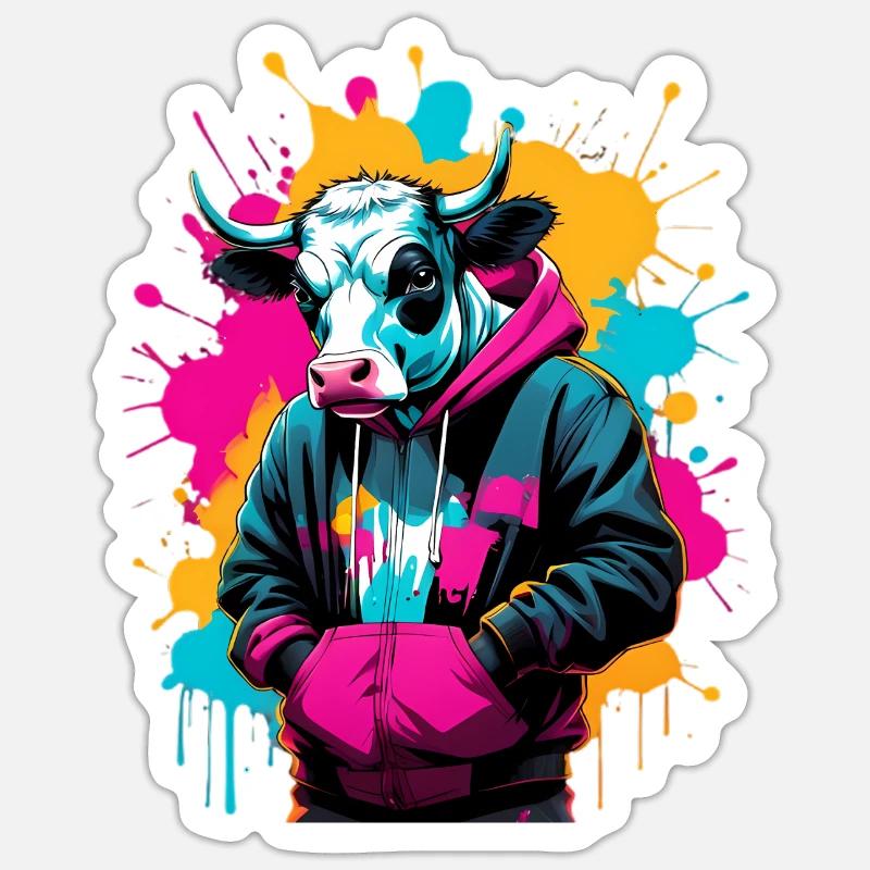 Vache graffiti en sweat à capuche - Sticker taille S (10 x 10 cm) - blanc mat