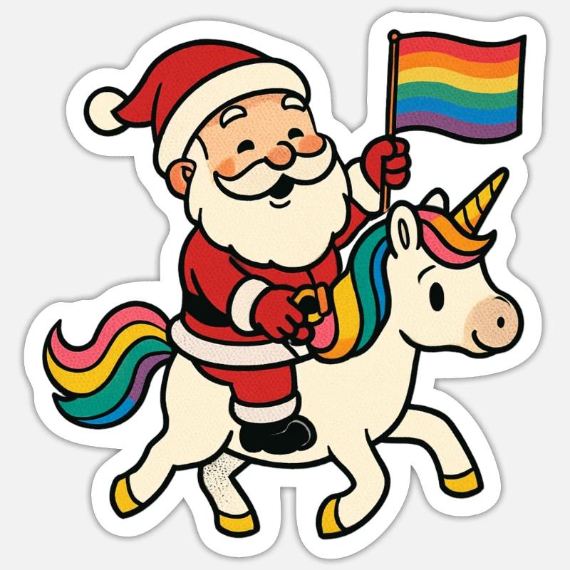 Süßer Weihnachtsmann reitet Einhorn mit Regenbogen - Sticker Größe S (10 x 10 cm) - Mattweiß