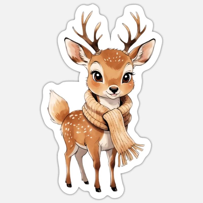Cerf d’hiver avec écharpe - Sticker taille S (10 x 10 cm) - blanc mat