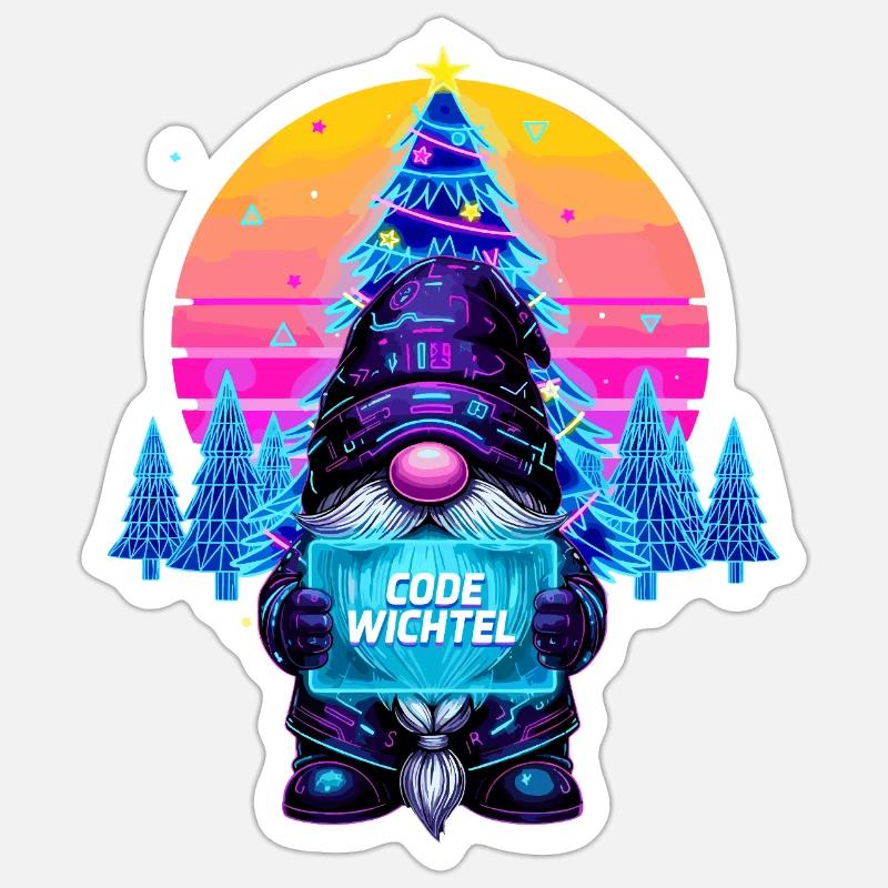 Cyberpunk Code Gnome - Synthwave Noël Nerd - Sticker taille S (10 x 10 cm) - blanc mat