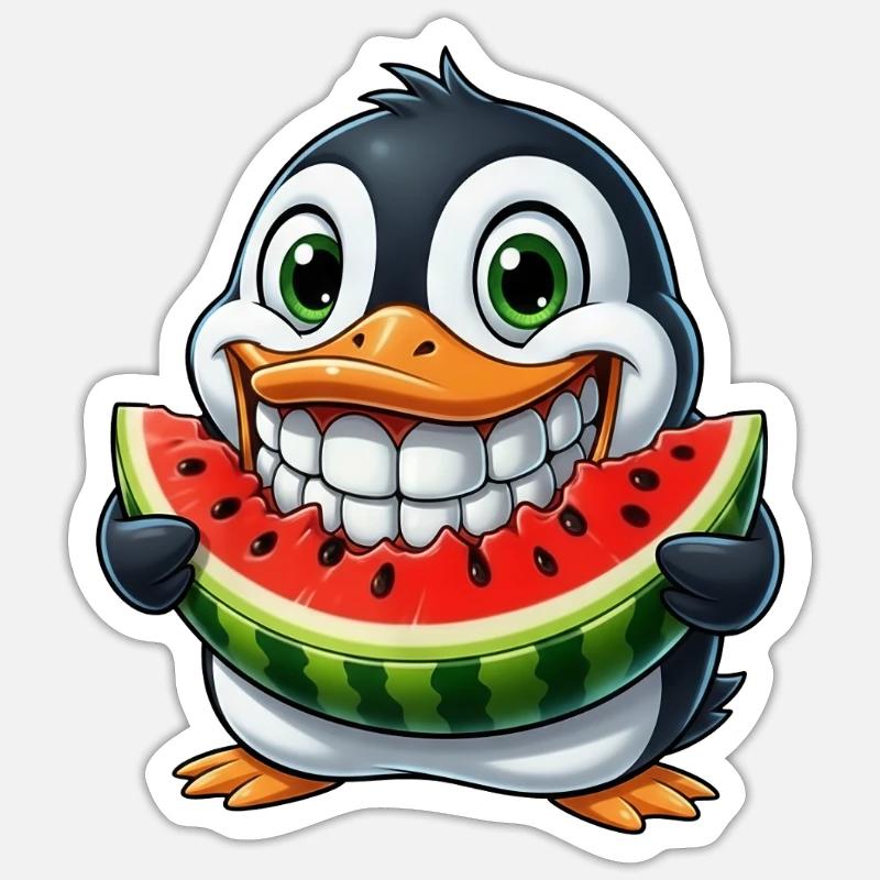 Cheerful Penguin with Watermelon Summer Fruit - Sticker size S (10 x 10 cm) - white matte