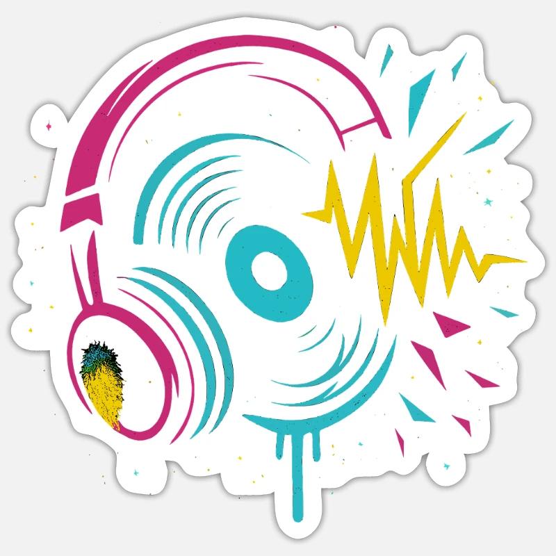 Casque néon, vinyle, son techno rave - Sticker taille S (10 x 10 cm) - blanc mat