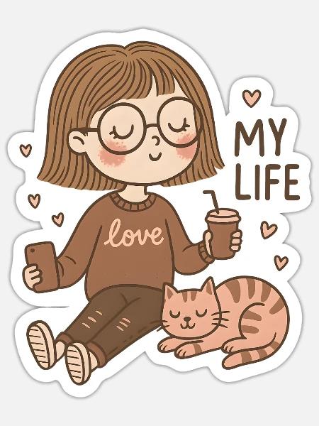 Cozy Girl & Cat – My Life Design - Sticker Größe S (10 x 10 cm) - Mattweiß