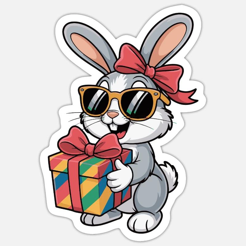 Fröhlicher Hase mit Geschenk - Sticker Größe S (10 x 10 cm) - Mattweiß