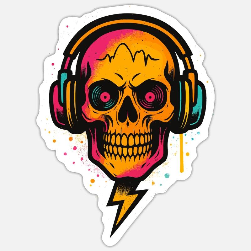 Neon Schädel DJ, Techno Rave, Kopfhörer Kunst Sticker Größe S (10 x 10 cm)