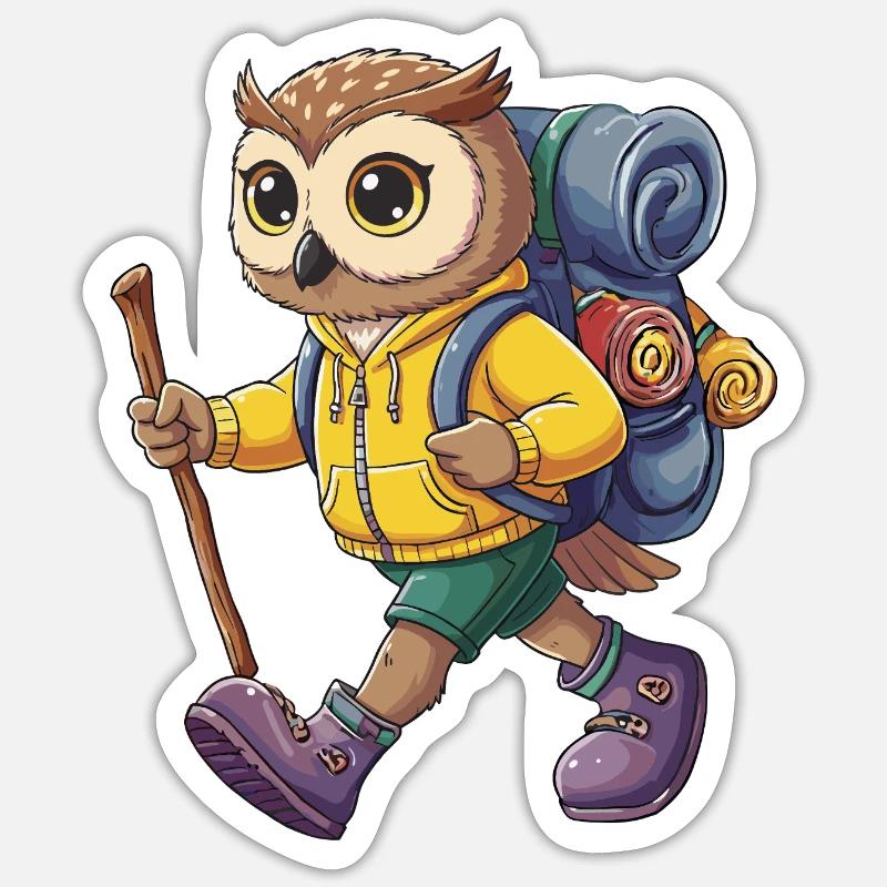 Petite chouette Randonnée Camping Aventure Backpacker - Sticker taille S (10 x 10 cm) - blanc mat