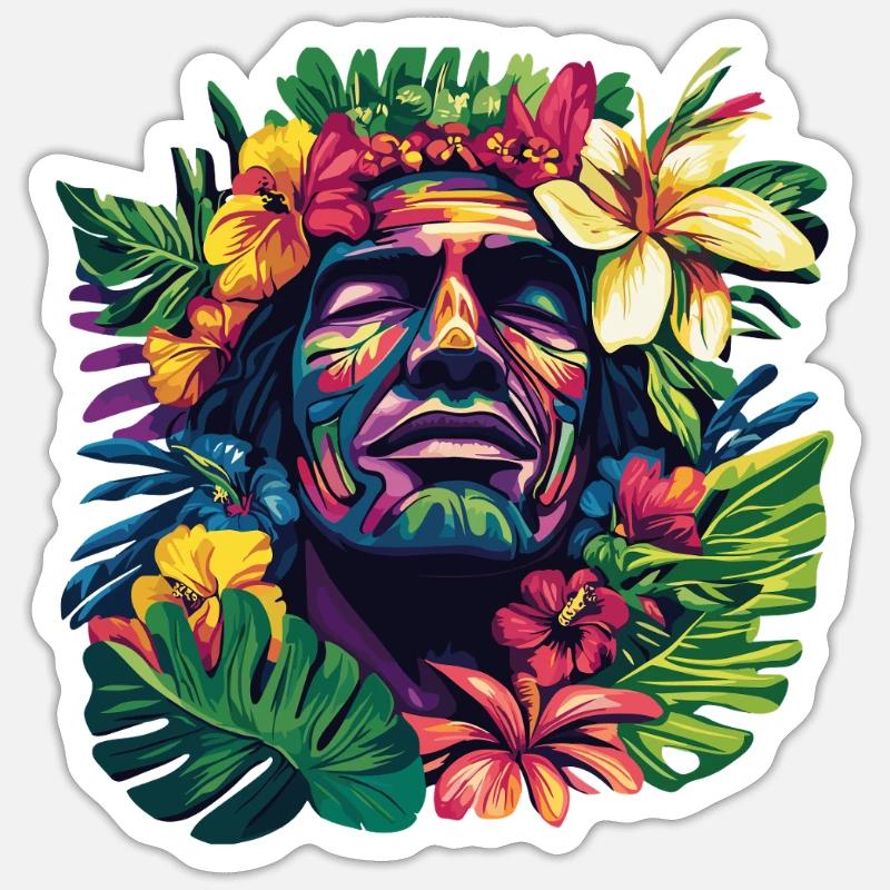 Tropischer Gesichtskopf mit Blumenkranz - Sticker Größe S (10 x 10 cm) - Mattweiß