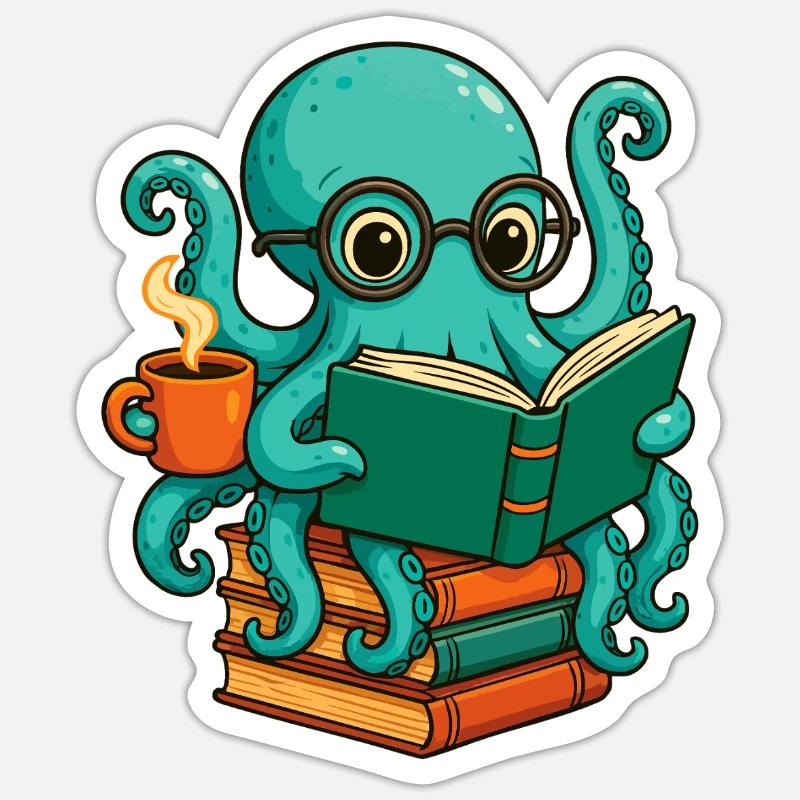 Livre de lecture de pieuvre, Drôle de nerd de l’océan, rat de bibliothèque Sticker taille S (10 x 10 cm)