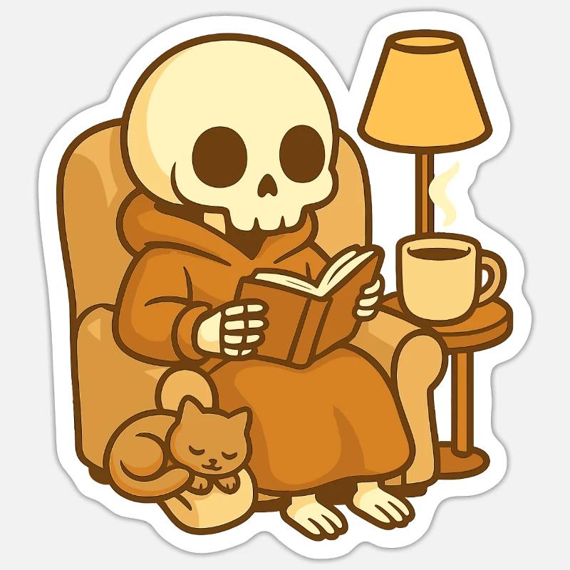 Reading Skeleton – Cozy Reading - Sticker size S (10 x 10 cm) - white matte