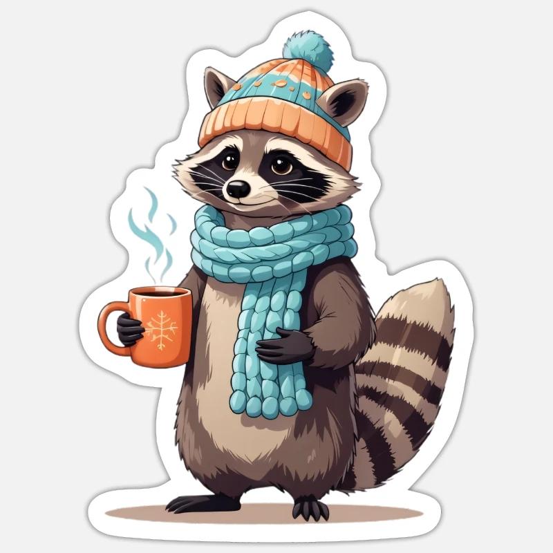 Winterlicher Waschbär mit Tee - Sticker Größe S (10 x 10 cm) - Mattweiß