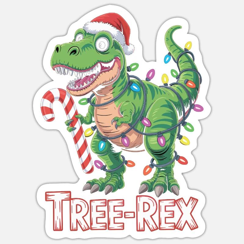 Tree-Rex – T-Rex mit Zuckerstange & Lichtern - Sticker Größe S (10 x 10 cm) - Mattweiß