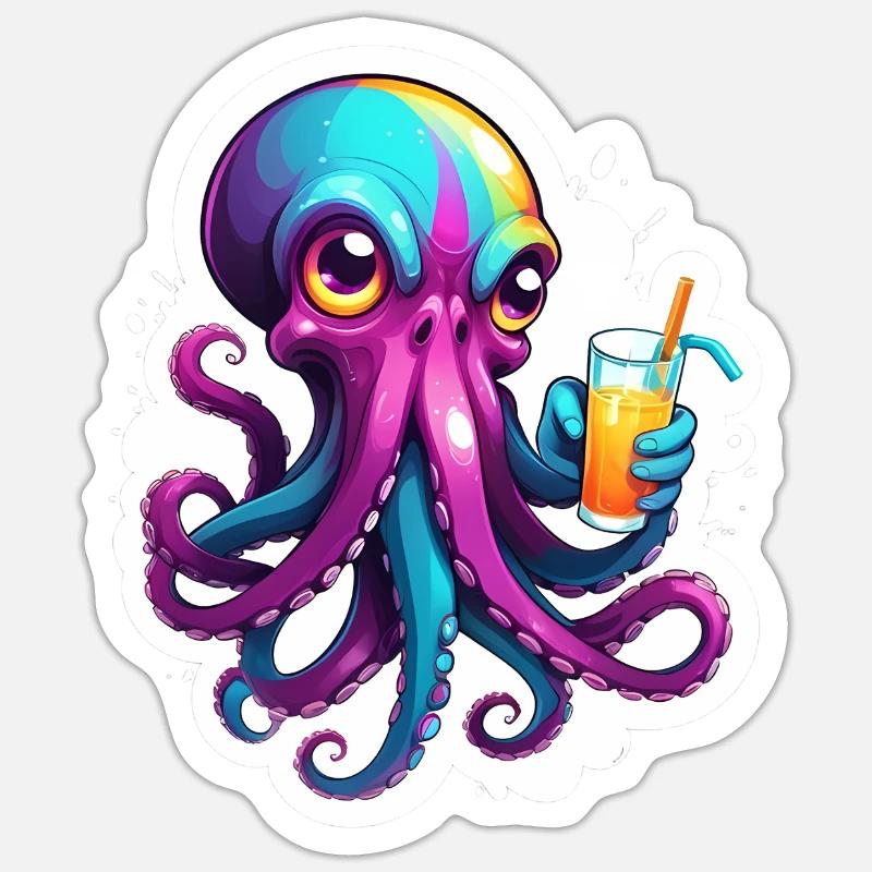 Pieuvre colorée avec boisson Sticker taille S (10 x 10 cm)