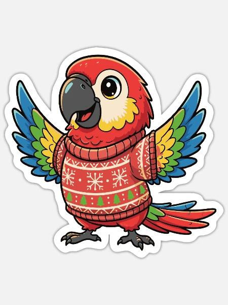 Farbenfroher Weihnachtspapagei im Sweater - Sticker Größe S (10 x 10 cm) - Mattweiß