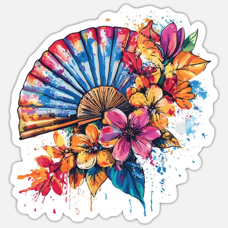 Farbenfroher Fächer mit Blüten - Sticker Größe S (10 x 10 cm) - Mattweiß