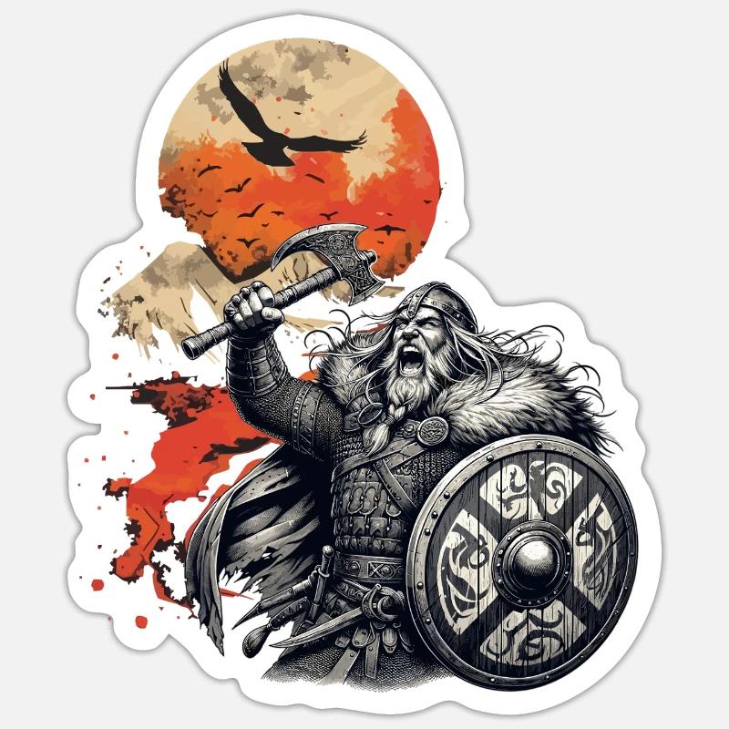 Wikinger Krieger mit Axt und Schild - Sticker Größe S (10 x 10 cm) - Mattweiß