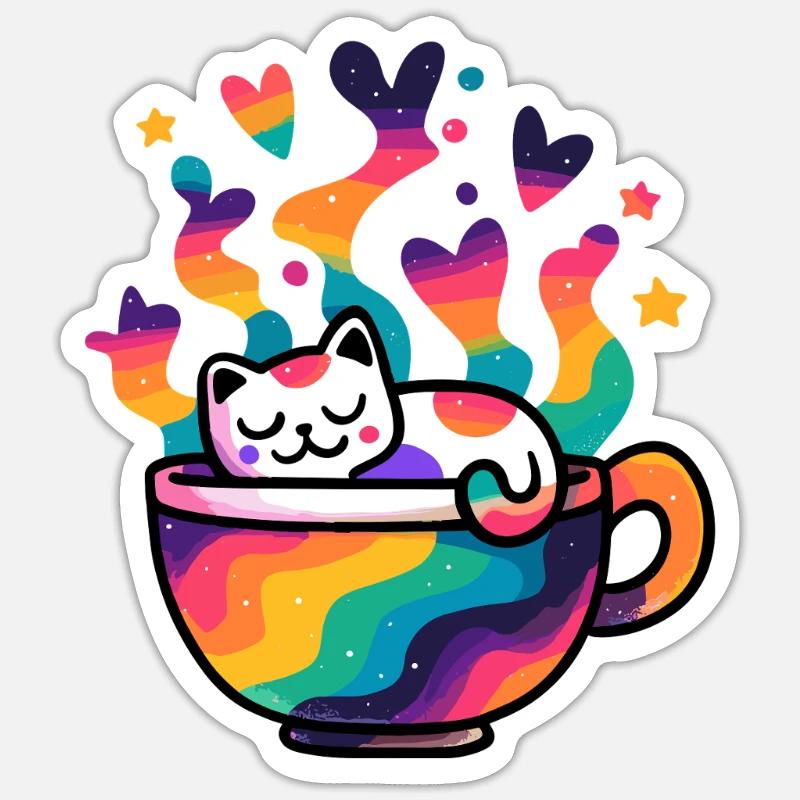 Rainbow Cat in Mug - Sticker size S (10 x 10 cm) - white matte