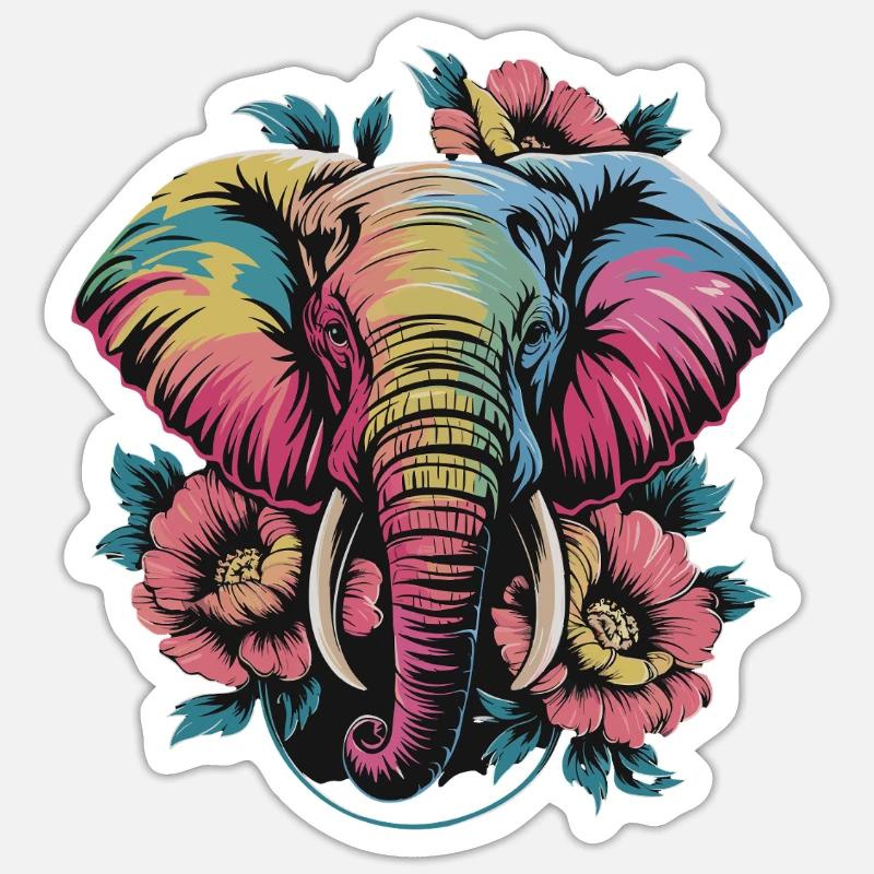  Bunter Elefant mit Blumen Boho Tierliebe Ethno Sticker Größe S (10 x 10 cm)