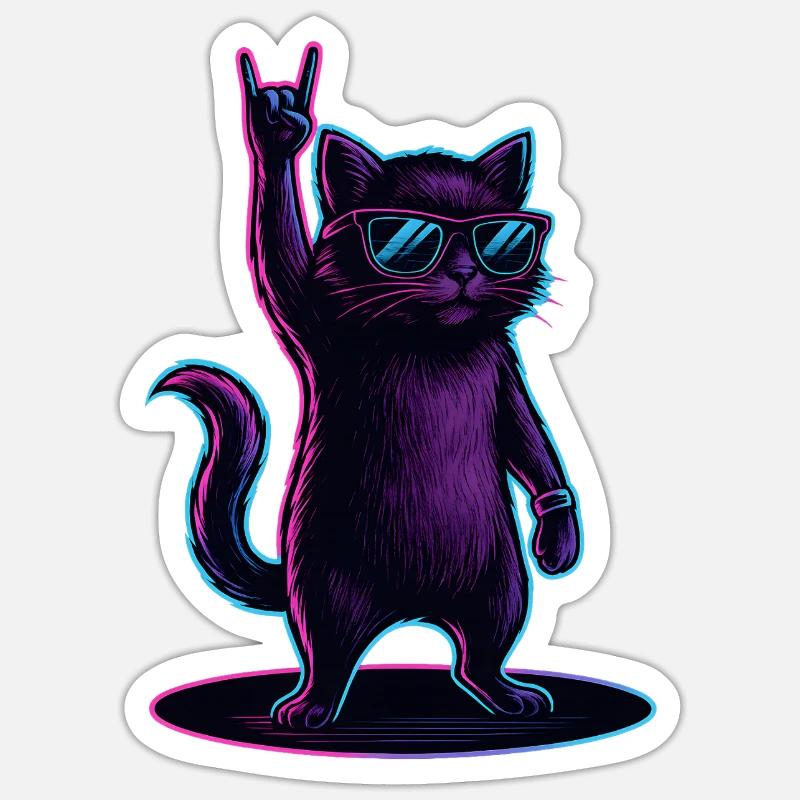 Synthwave Kater Katze mit Rockhand Pose - Sticker Größe S (10 x 10 cm) - Mattweiß